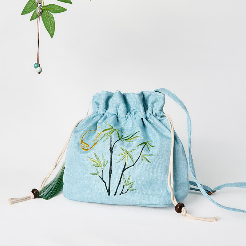 Sac à bandoulière en coton et lin de bambou vert brodé de Buddha Stones