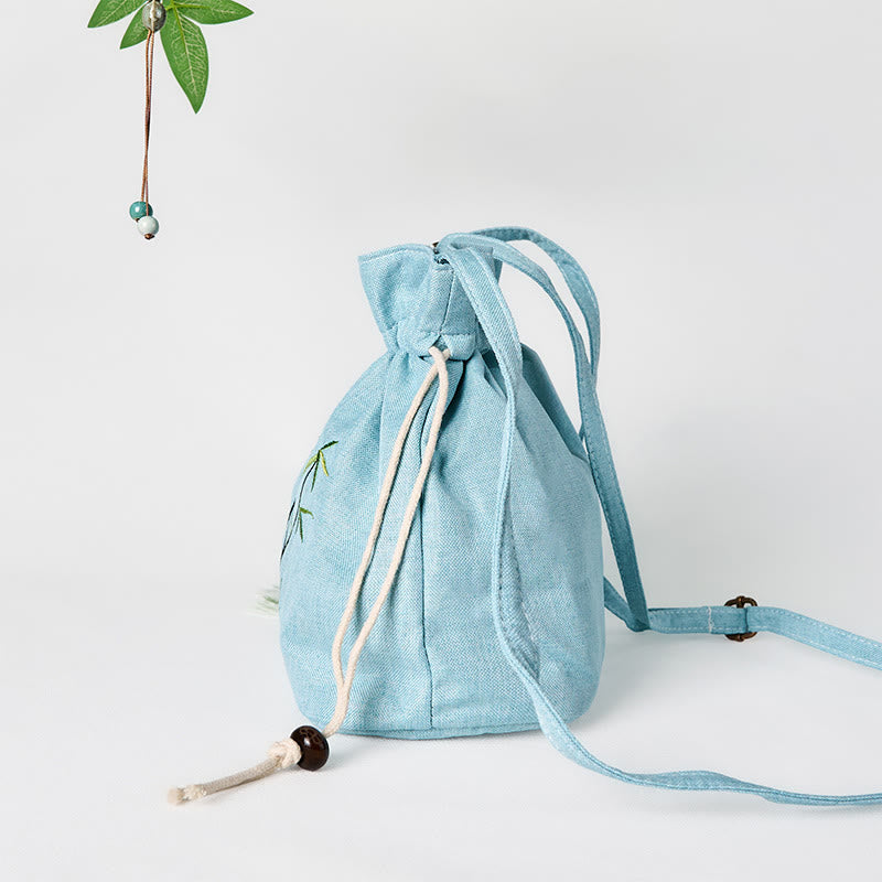 Sac à bandoulière en coton et lin de bambou vert brodé de Buddha Stones