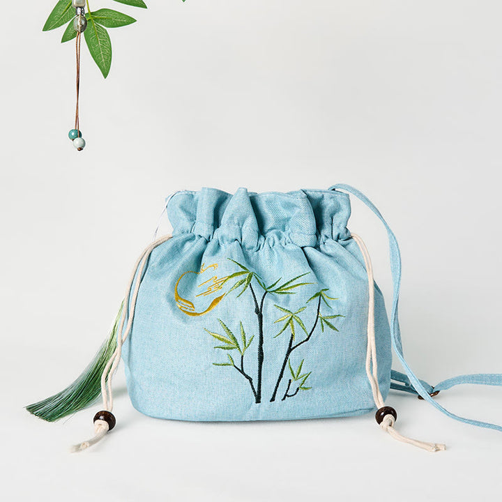 Sac à bandoulière en coton et lin de bambou vert brodé de Buddha Stones