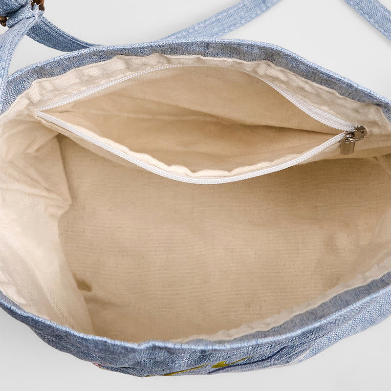 Sac à bandoulière en coton et lin brodé de Buddha Stones , cerf féerique bleu clair, nuages de bon augure