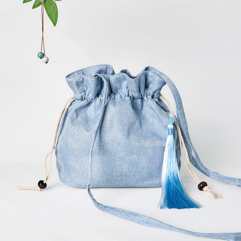 Sac à bandoulière en coton et lin brodé de Buddha Stones , cerf féerique bleu clair, nuages de bon augure