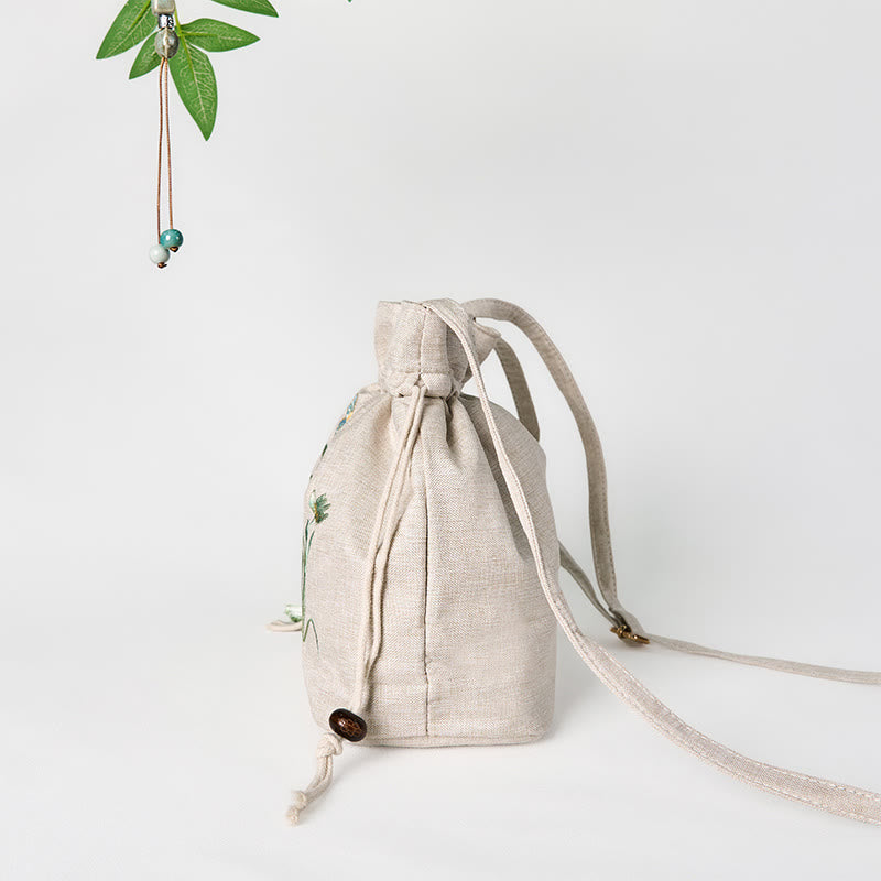 Sac à bandoulière en coton et lin brodé de Buddha Stones beiges