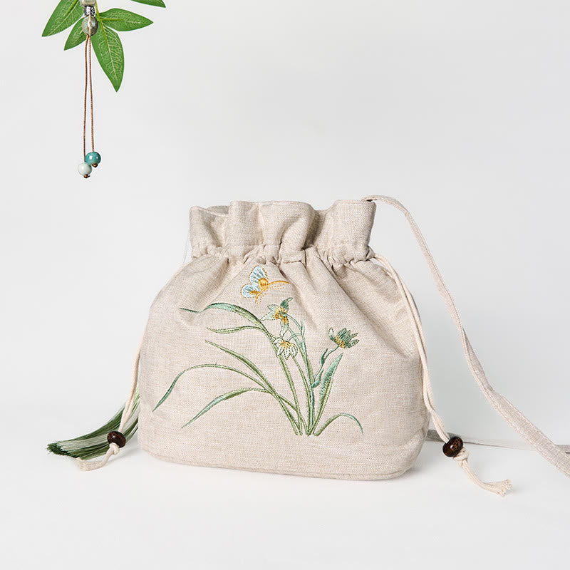 Sac à bandoulière en coton et lin brodé de Buddha Stones beiges