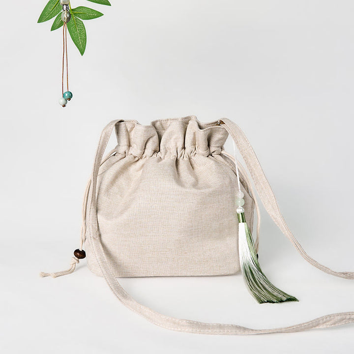 Sac à bandoulière en coton et lin brodé de Buddha Stones beiges