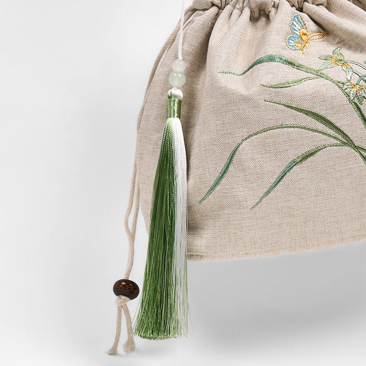 Sac à bandoulière en coton et lin brodé de Buddha Stones beiges