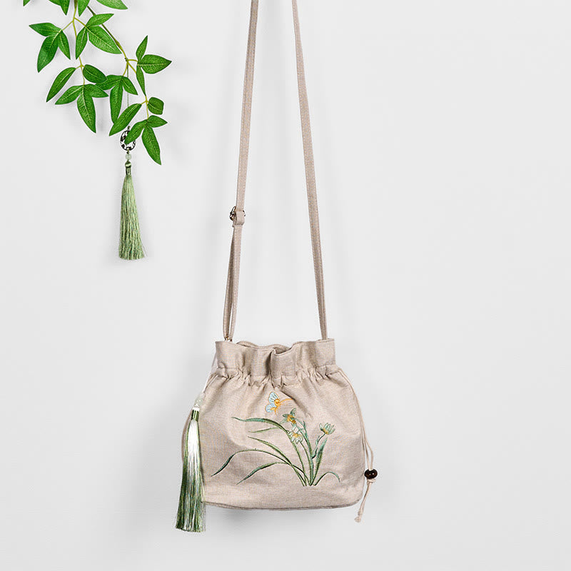 Sac à bandoulière en coton et lin brodé de Buddha Stones beiges