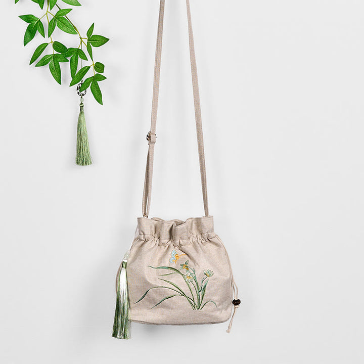 Sac à bandoulière en coton et lin brodé de Buddha Stones beiges