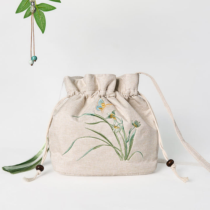 Sac à bandoulière en coton et lin brodé de Buddha Stones beiges
