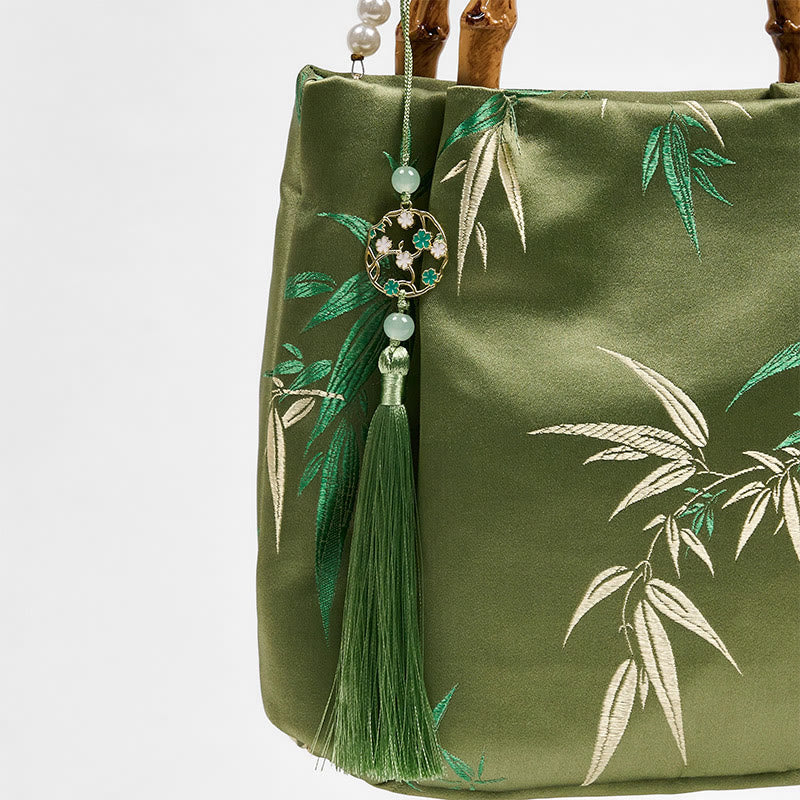Sac à bandoulière avec broderies de Buddha Stones , poignée en bambou et perles