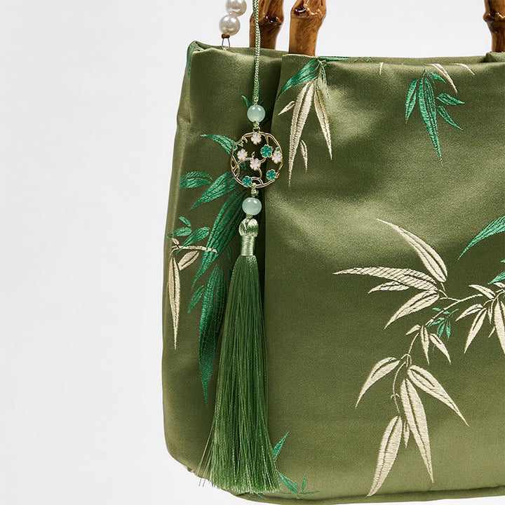 Sac à bandoulière avec broderies de Buddha Stones , poignée en bambou et perles