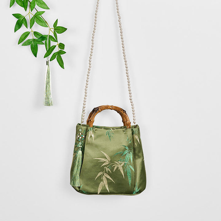 Sac à bandoulière avec broderies de Buddha Stones , poignée en bambou et perles