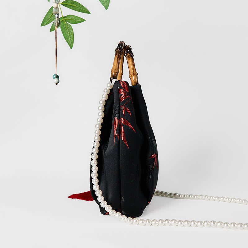 Sac à bandoulière en polyester et coton avec broderie de Buddha Stones , poignée en bambou et perles