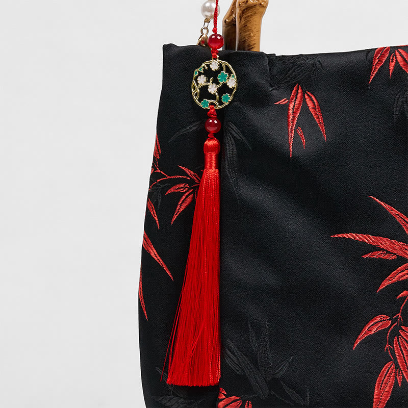 Sac à bandoulière en polyester et coton avec broderie de Buddha Stones , poignée en bambou et perles