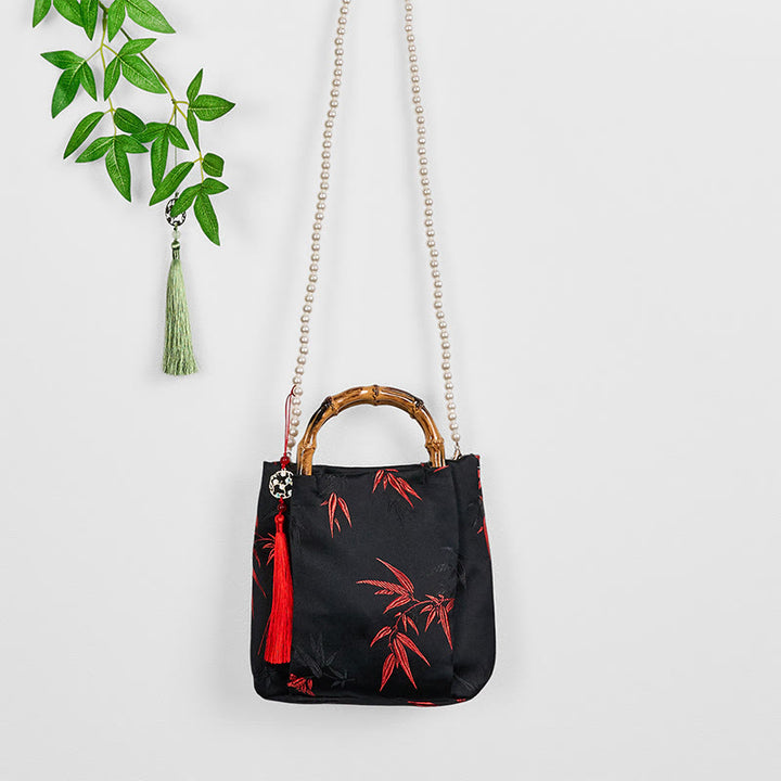 Sac à bandoulière en polyester et coton avec broderie de Buddha Stones , poignée en bambou et perles