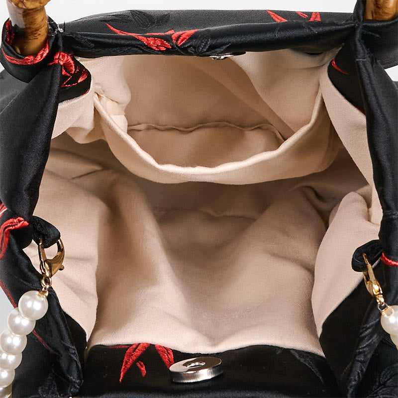 Sac à bandoulière en polyester et coton avec broderie de Buddha Stones , poignée en bambou et perles