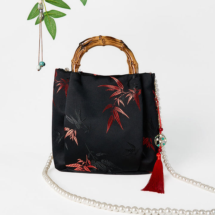 Sac à bandoulière en polyester et coton avec broderie de Buddha Stones , poignée en bambou et perles
