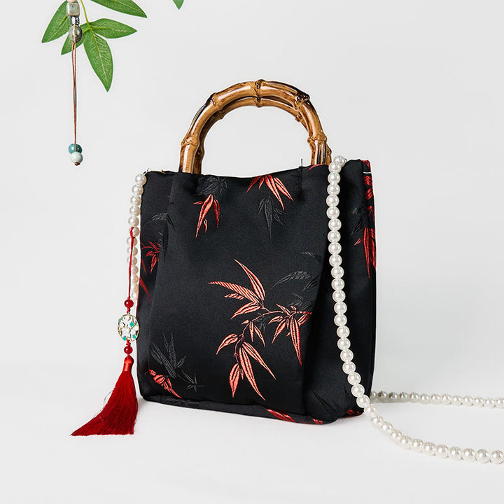 Sac à bandoulière en polyester et coton avec broderie de Buddha Stones , poignée en bambou et perles