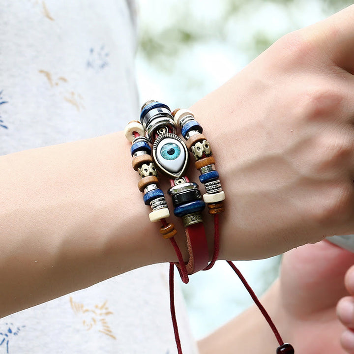 Bracelet de protection réglable en cuir tibétain contre le mauvais œil et les Buddha Stones