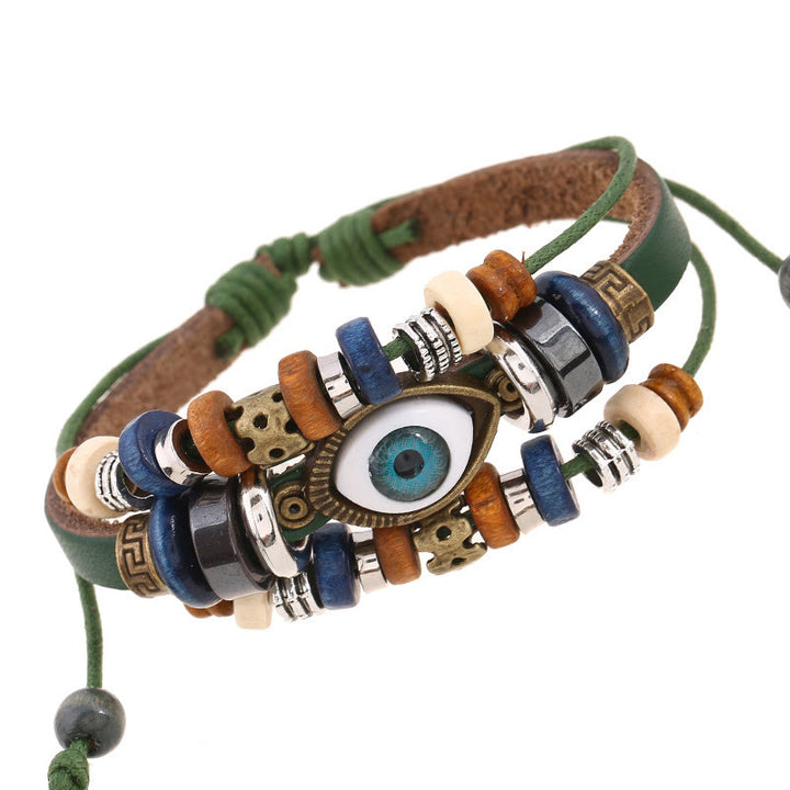Bracelet de protection réglable en cuir tibétain contre le mauvais œil et les Buddha Stones