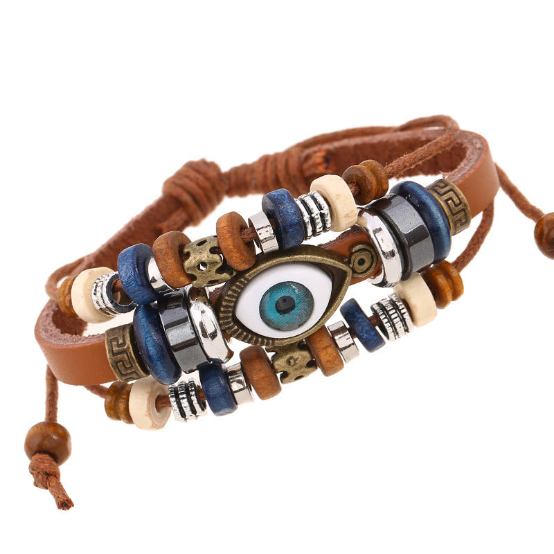 Bracelet de protection réglable en cuir tibétain contre le mauvais œil et les Buddha Stones