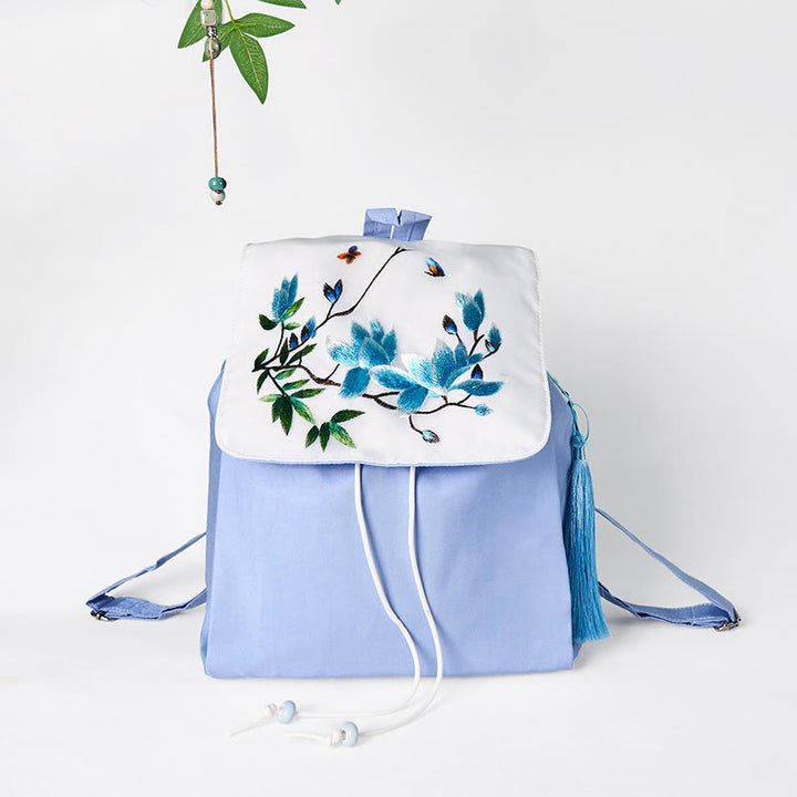 Sac à dos en toile de grande capacité, brodé à la main avec des Buddha Stones et du magnolia bleu