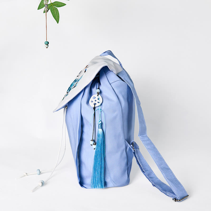 Sac à dos en toile de grande capacité, brodé à la main avec des Buddha Stones et du magnolia bleu