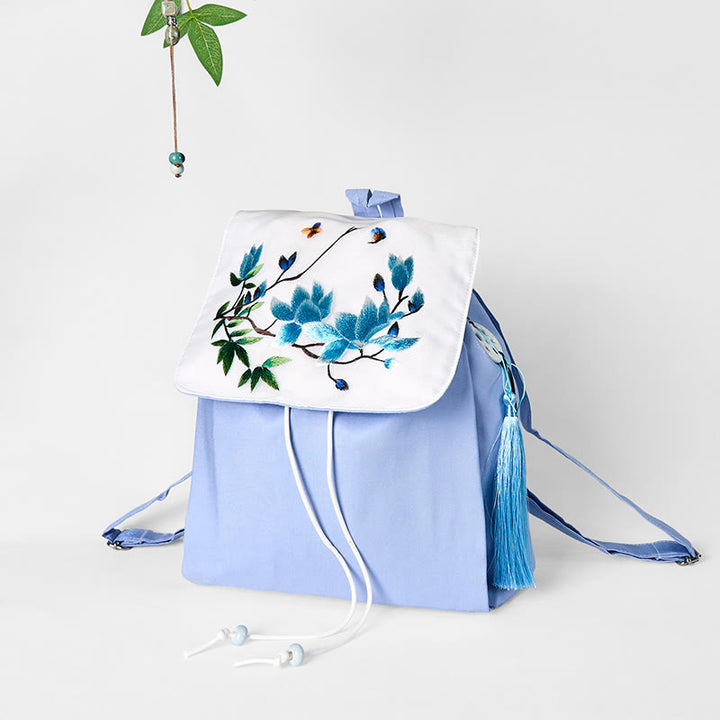 Sac à dos en toile de grande capacité, brodé à la main avec des Buddha Stones et du magnolia bleu