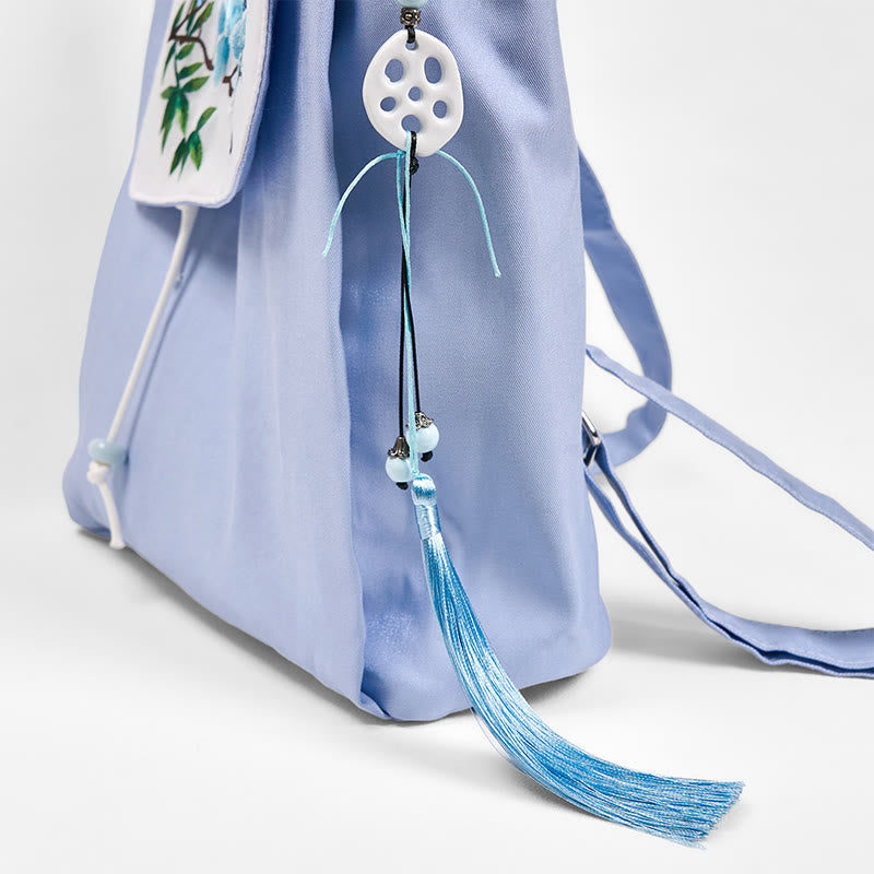 Sac à dos en toile de grande capacité, brodé à la main avec des Buddha Stones et du magnolia bleu