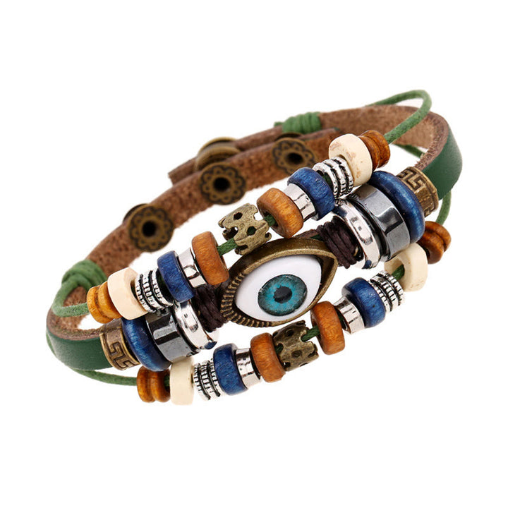 Bracelet de protection réglable en cuir tibétain contre le mauvais œil et les Buddha Stones