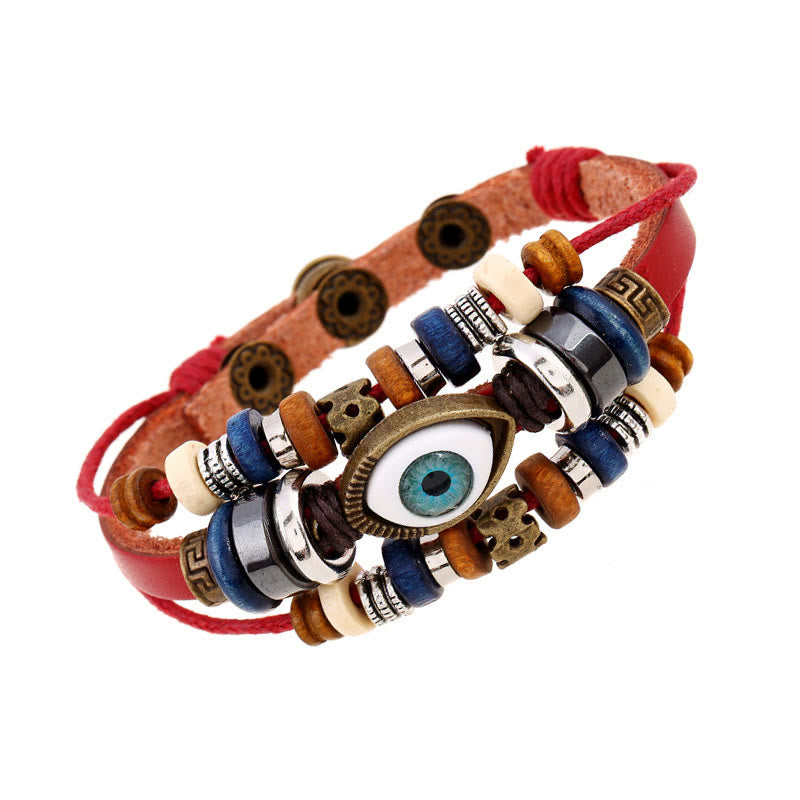 Bracelet de protection réglable en cuir tibétain contre le mauvais œil et les Buddha Stones