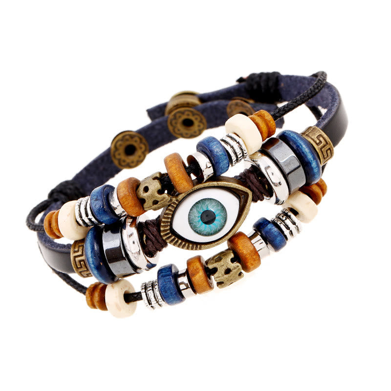 Bracelet de protection réglable en cuir tibétain contre le mauvais œil et les Buddha Stones