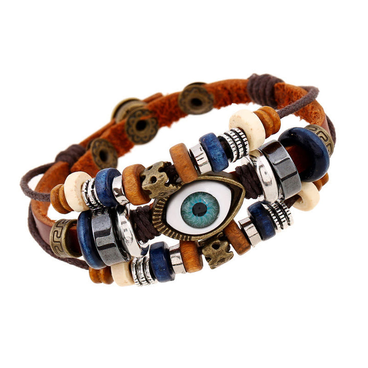 Bracelet de protection réglable en cuir tibétain contre le mauvais œil et les Buddha Stones