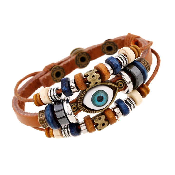 Bracelet de protection réglable en cuir tibétain contre le mauvais œil et les Buddha Stones
