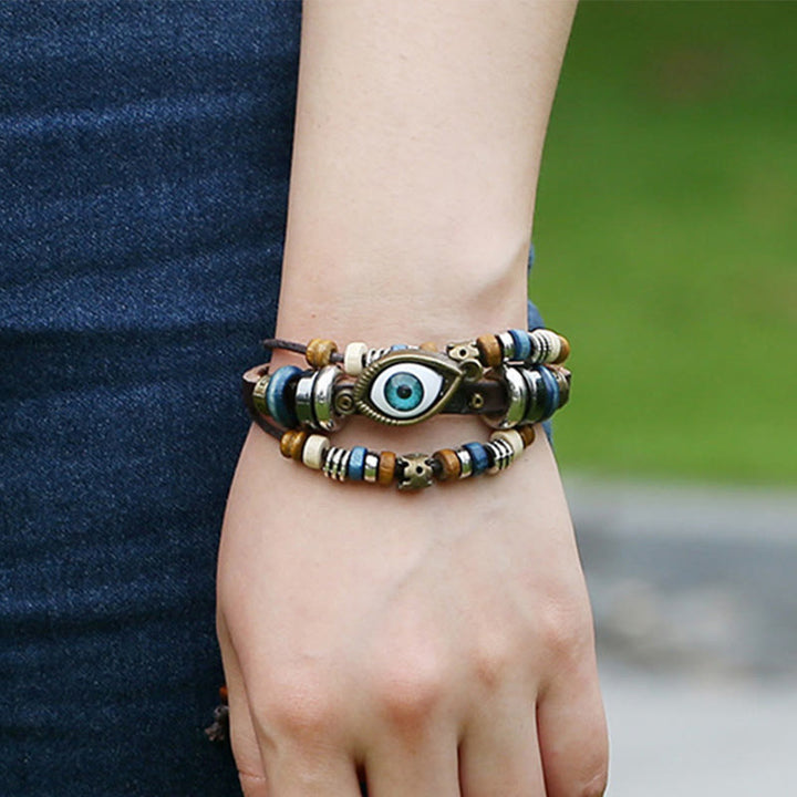 Bracelet de protection réglable en cuir tibétain contre le mauvais œil et les Buddha Stones