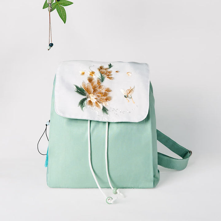 Sac à dos en toile de grande capacité, brodé de fleurs de pivoine vertes faites à la main, Buddha Stones