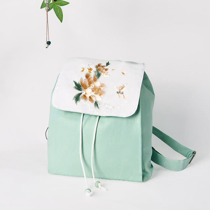 Sac à dos en toile de grande capacité, brodé de fleurs de pivoine vertes faites à la main, Buddha Stones