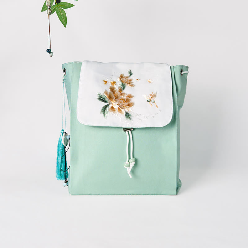 Sac à dos en toile de grande capacité, brodé de fleurs de pivoine vertes faites à la main, Buddha Stones