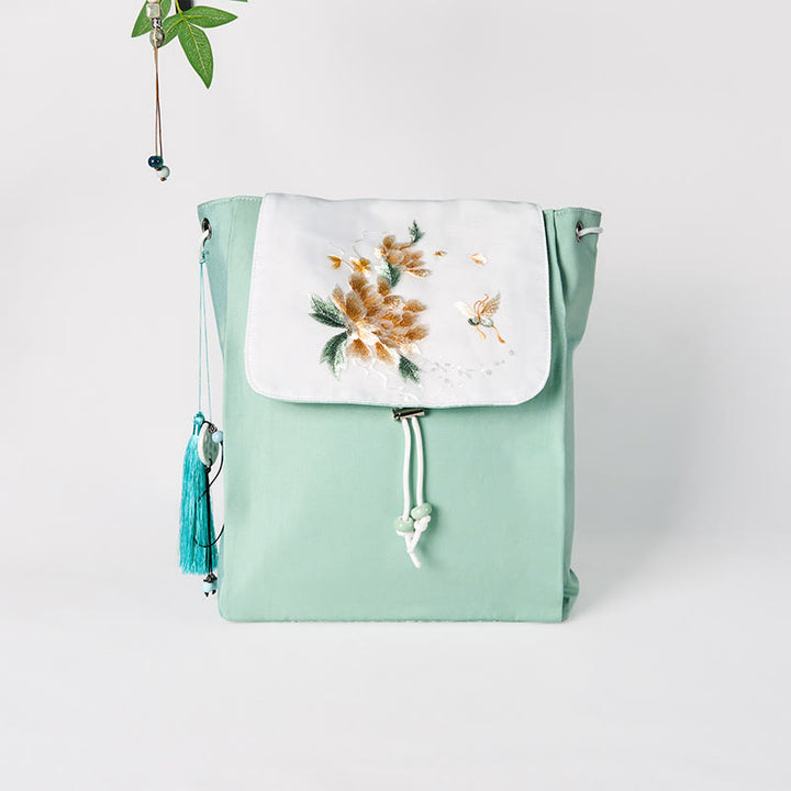 Sac à dos en toile de grande capacité, brodé de fleurs de pivoine vertes faites à la main, Buddha Stones