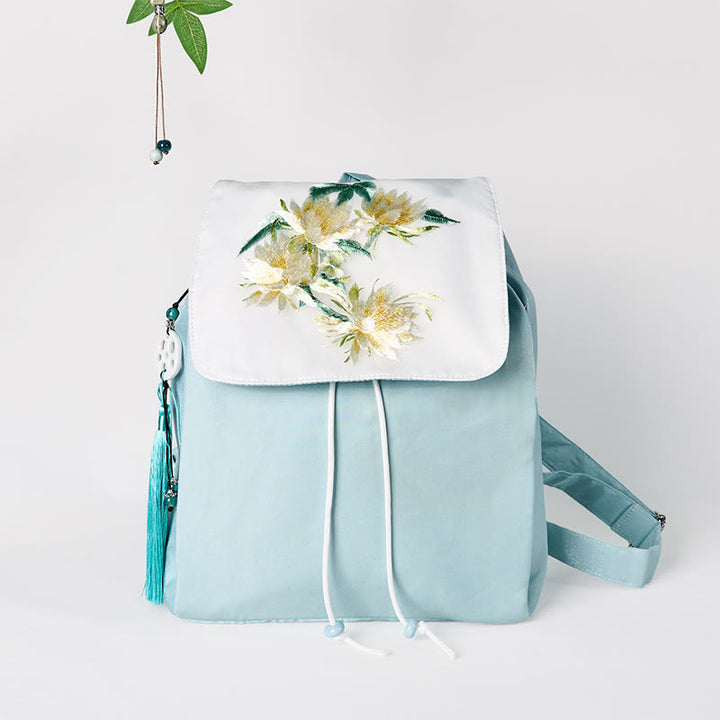 Sac à dos en toile de grande capacité, brodé à la main avec des Buddha Stones , motif Epiphyllum bleu