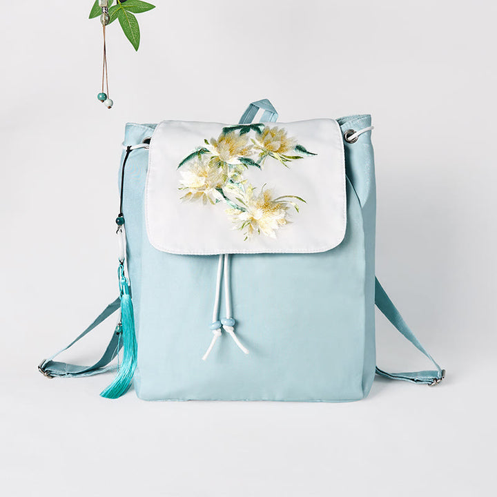 Sac à dos en toile de grande capacité, brodé à la main avec des Buddha Stones , motif Epiphyllum bleu
