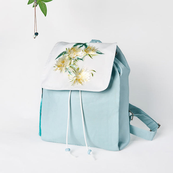 Sac à dos en toile de grande capacité, brodé à la main avec des Buddha Stones , motif Epiphyllum bleu