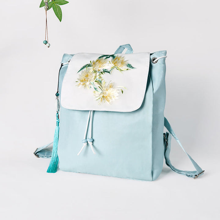 Sac à dos en toile de grande capacité, brodé à la main avec des Buddha Stones , motif Epiphyllum bleu