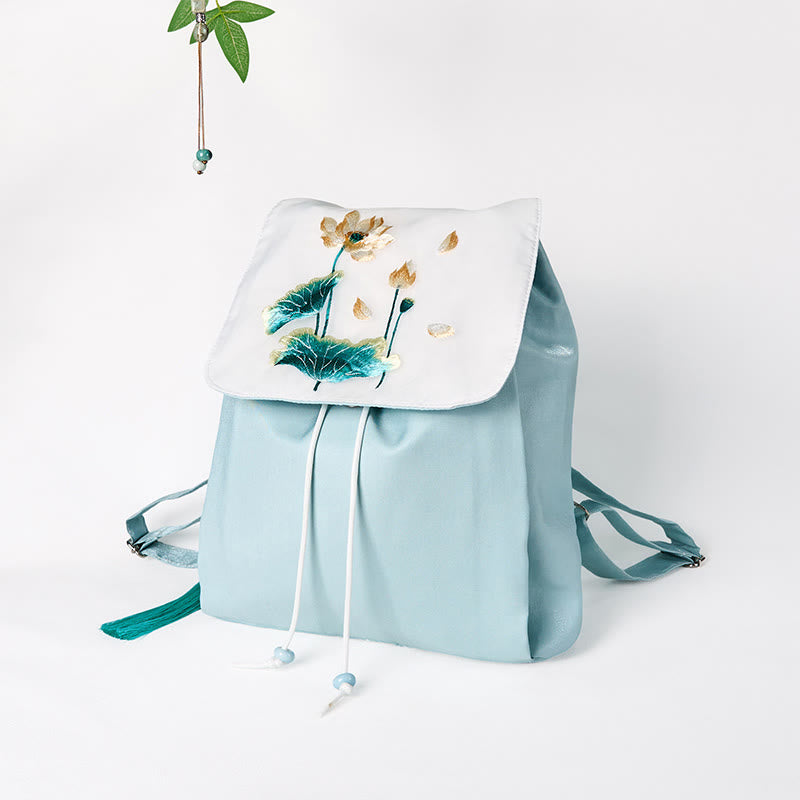 Sac à dos en toile de grande capacité, brodé à la main avec des Buddha Stones et des lotus bleus
