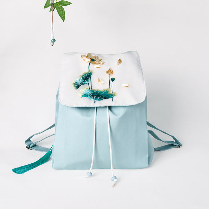 Sac à dos en toile de grande capacité, brodé à la main avec des Buddha Stones et des lotus bleus