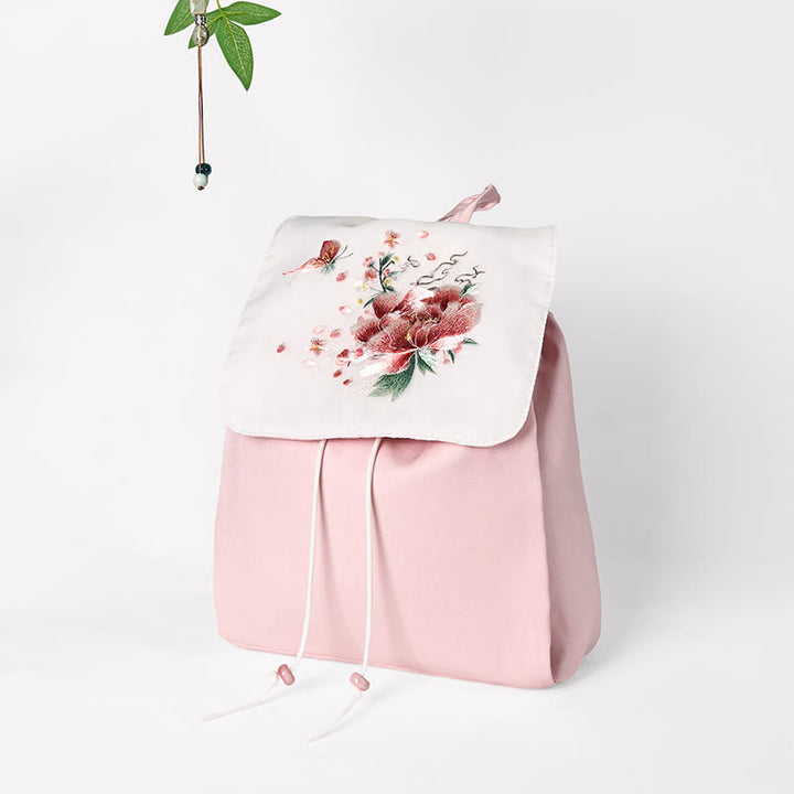 Sac à dos en toile de grande capacité, brodé de fleurs de pivoine roses faites à la main, Buddha Stones