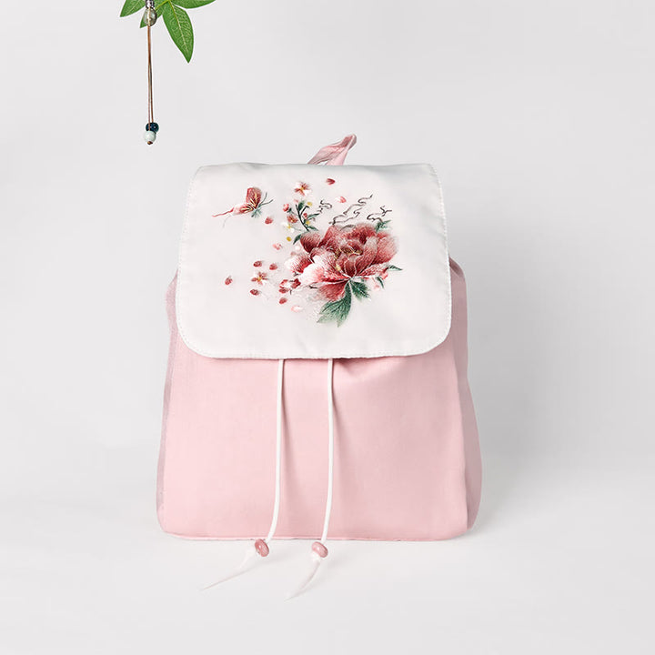 Sac à dos en toile de grande capacité, brodé de fleurs de pivoine roses faites à la main, Buddha Stones