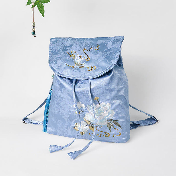 Sac à dos en coton et polyester de grande capacité, brodé de camélia bleu fait main, Buddha Stones