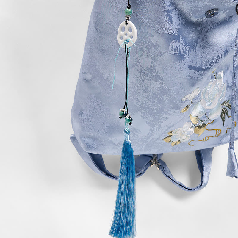 Sac à dos en coton et polyester de grande capacité, brodé de camélia bleu fait main, Buddha Stones