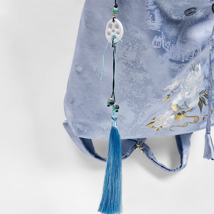 Sac à dos en coton et polyester de grande capacité, brodé de camélia bleu fait main, Buddha Stones