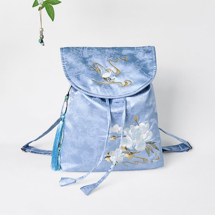 Sac à dos en coton et polyester de grande capacité, brodé de camélia bleu fait main, Buddha Stones